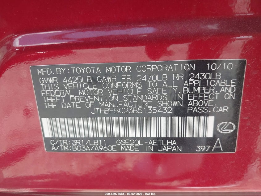 LEXUS IS 250 2011 VIN JTHBF5C23B5135432