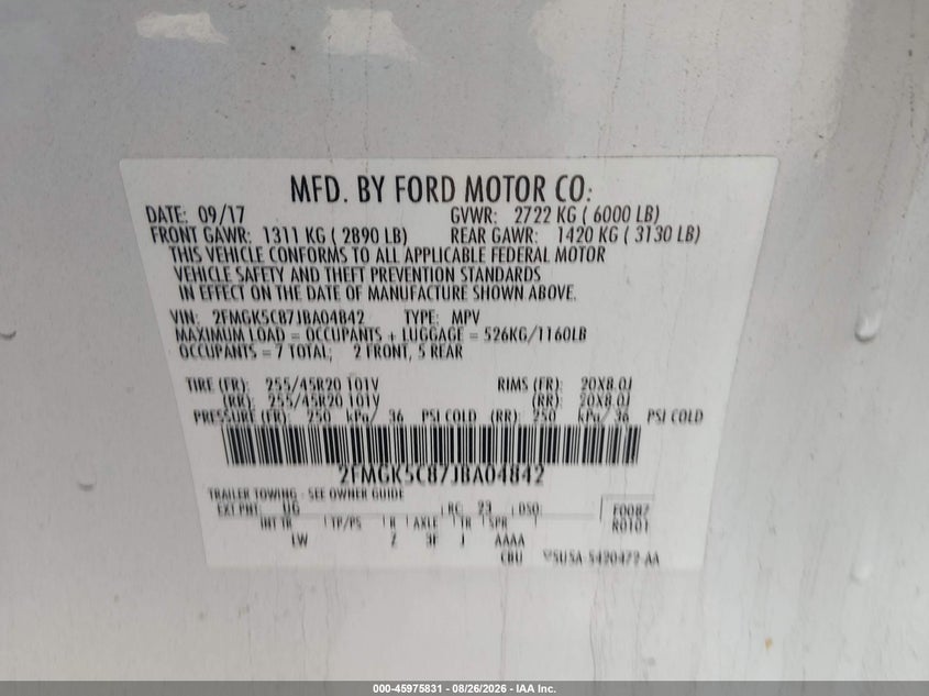 FORD FLEX 2018 VIN 2FMGK5C87JBA04842