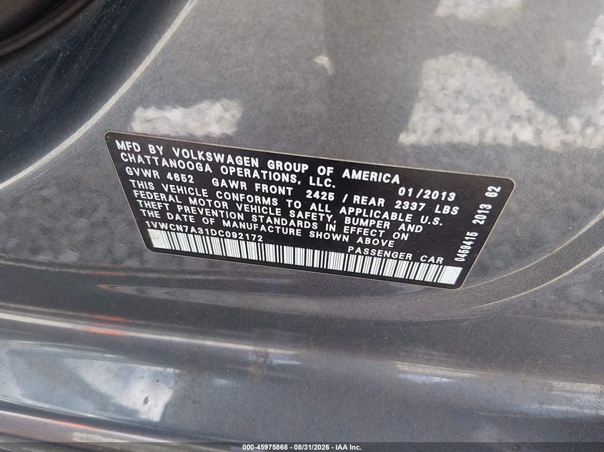 VOLKSWAGEN PASSAT 2013 VIN 1VWCN7A31DC092172