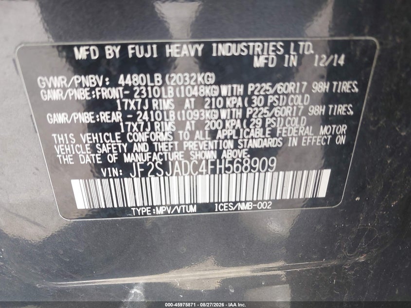 SUBARU FORESTER 2015 VIN JF2SJADC4FH568909