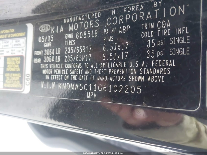 KIA SEDONA 2016 VIN KNDMA5C11G6102205