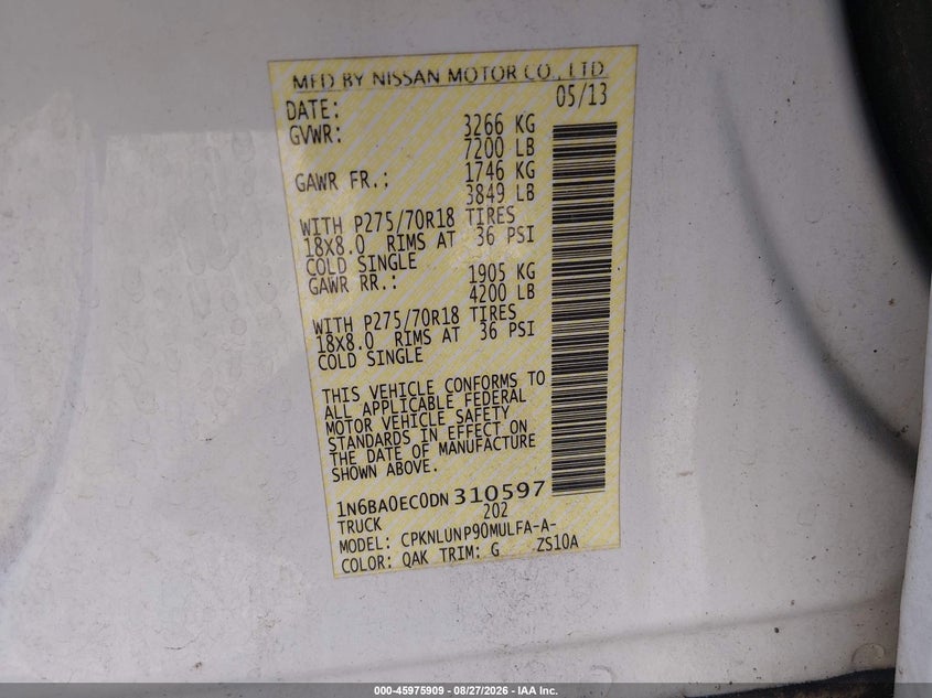 NISSAN TITAN 2013 VIN 1N6BA0EC0DN310597