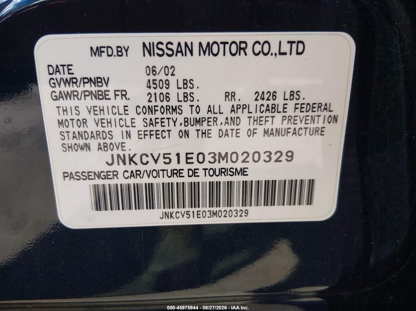 INFINITI G35 2003 VIN JNKCV51E03M020329