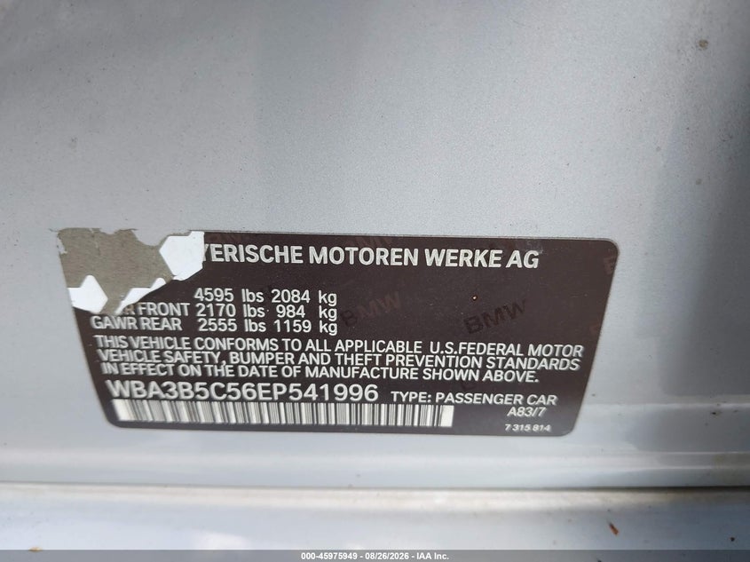 BMW 328I 2014 VIN WBA3B5C56EP541996