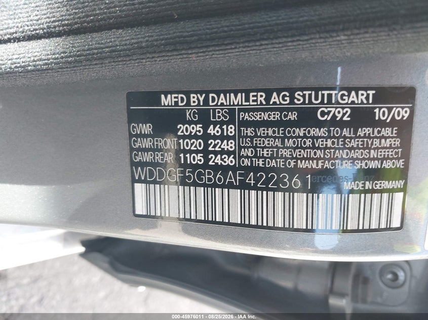 MERCEDES-BENZ C 350 2010 VIN WDDGF5GB6AF422361