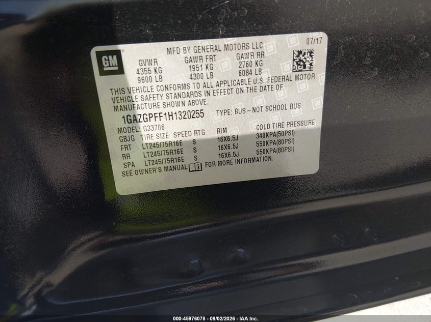 CHEVROLET EXPRESS 3500 2017 VIN 1GAZGPFF1H1320255