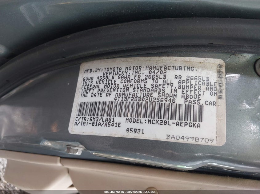 TOYOTA AVALON 2002 VIN 4T1BF28B02U256946