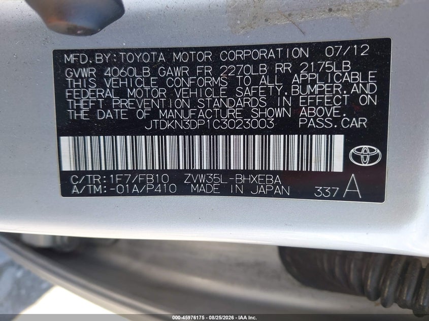 TOYOTA PRIUS PLUG-IN 2012 VIN JTDKN3DP1C3023003