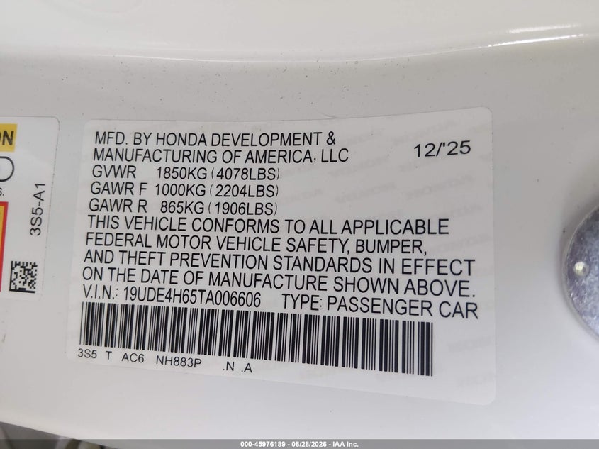 ACURA INTEGRA 2026 VIN 19UDE4H65TA006606