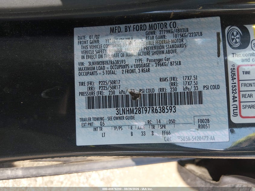 LINCOLN MKZ 2007 VIN 3LNHM28T97R638593
