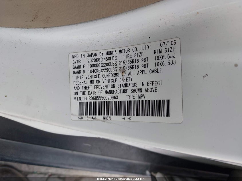 2005 HONDA CR-V SPORT UTILITY VEHICLE 2.4L I-4 DOHC, VVT, 160HP