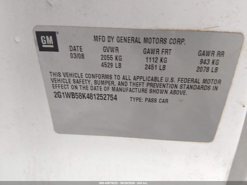 CHEVROLET IMPALA 2008 VIN 2G1WB58K481252754