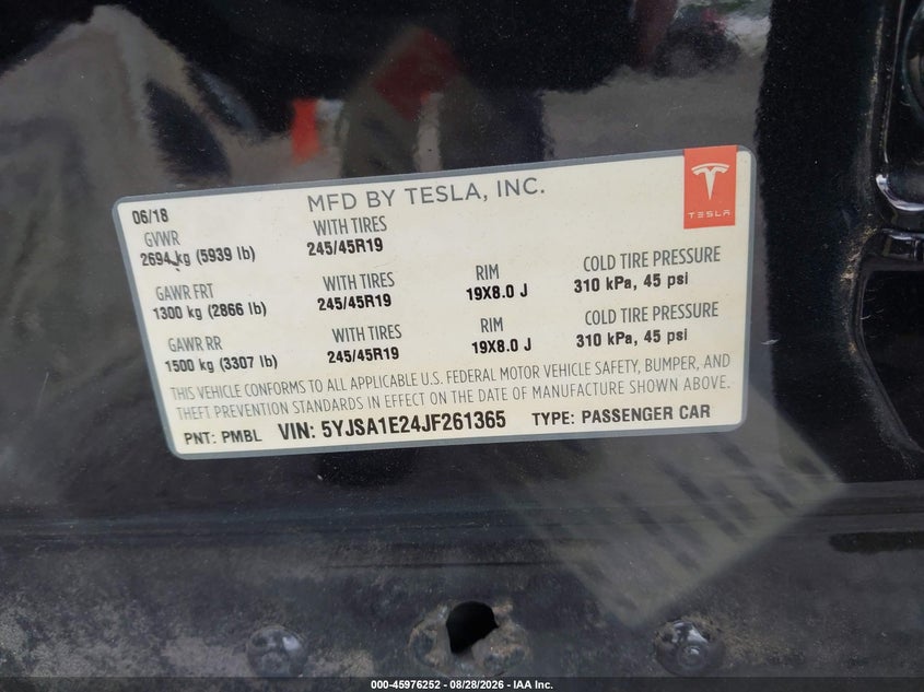 TESLA MODEL S 2018 VIN 5YJSA1E24JF261365