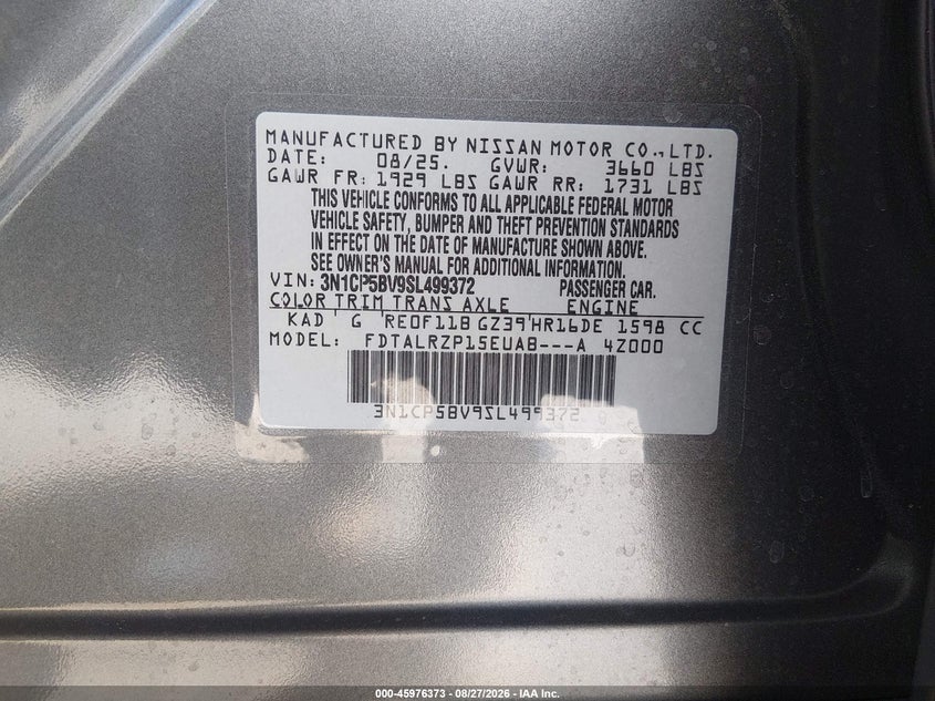 NISSAN KICKS PLAY 2025 VIN 3N1CP5BV9SL499372