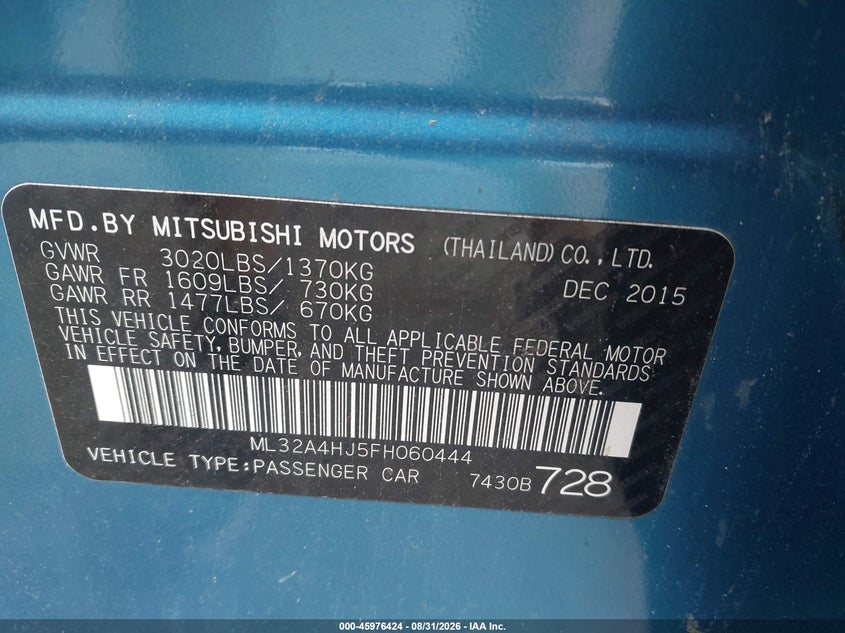 MITSUBISHI MIRAGE 2015 VIN ML32A4HJ5FH060444
