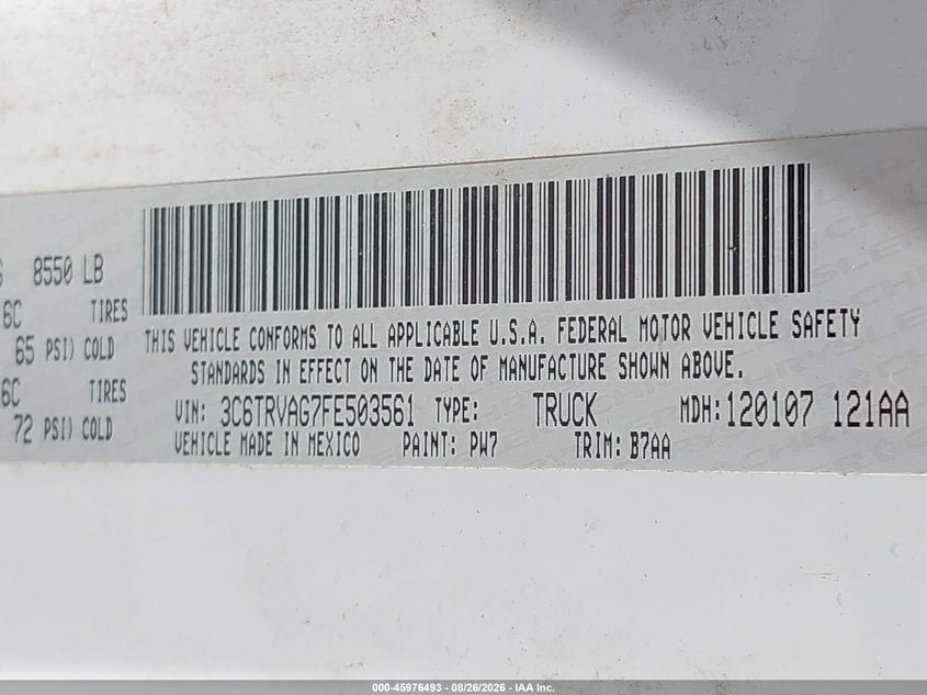 RAM PROMASTER 1500 2015 VIN 3C6TRVAG7FE503561