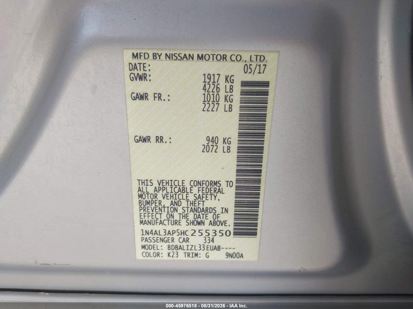 NISSAN ALTIMA 2017 VIN 1N4AL3AP5HC255350