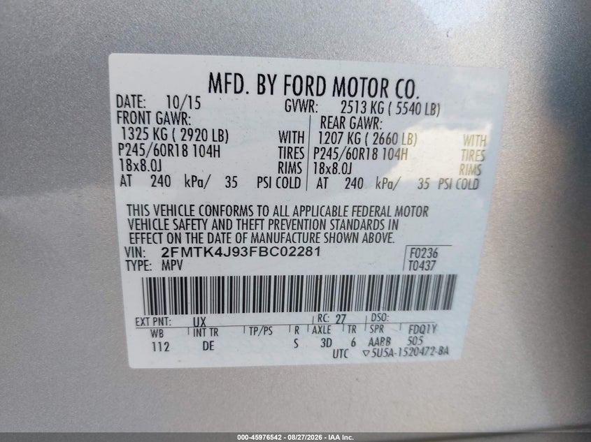 FORD EDGE 2015 VIN 2FMTK4J93FBC02281