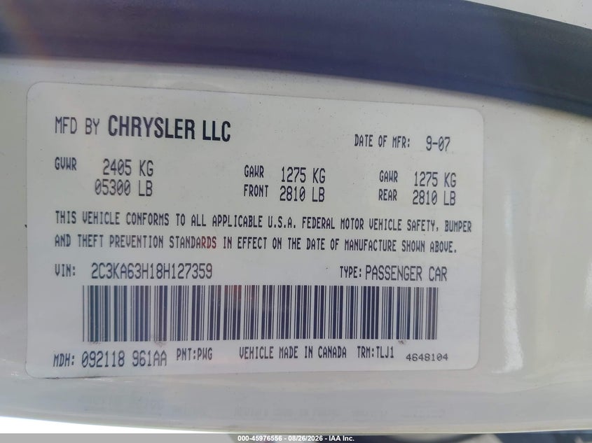 CHRYSLER 300C 2008 VIN 2C3KA63H18H127359