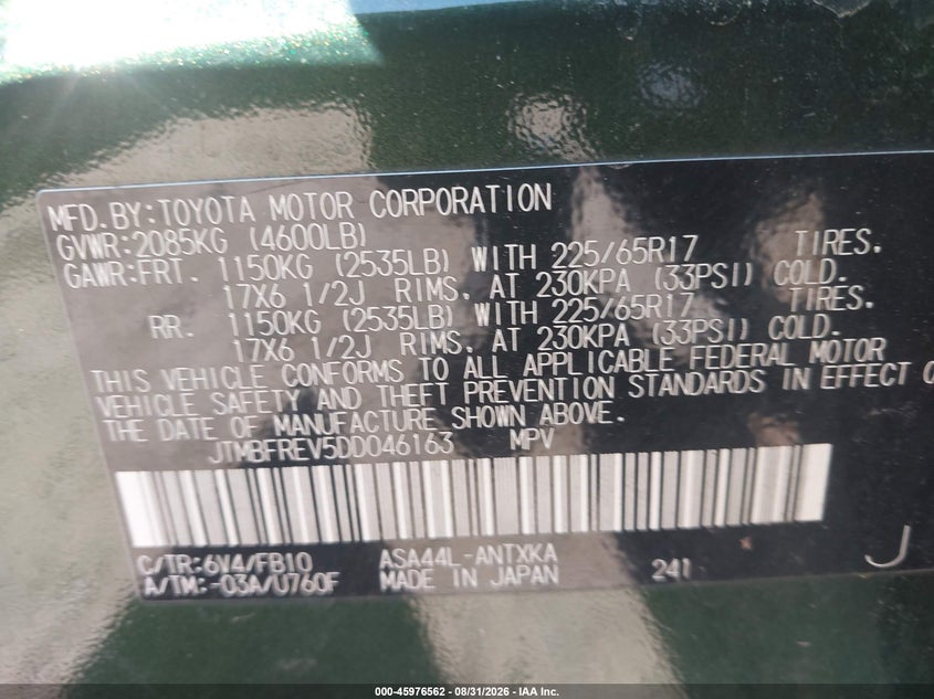 TOYOTA RAV4 2013 VIN JTMBFREV5DD046163