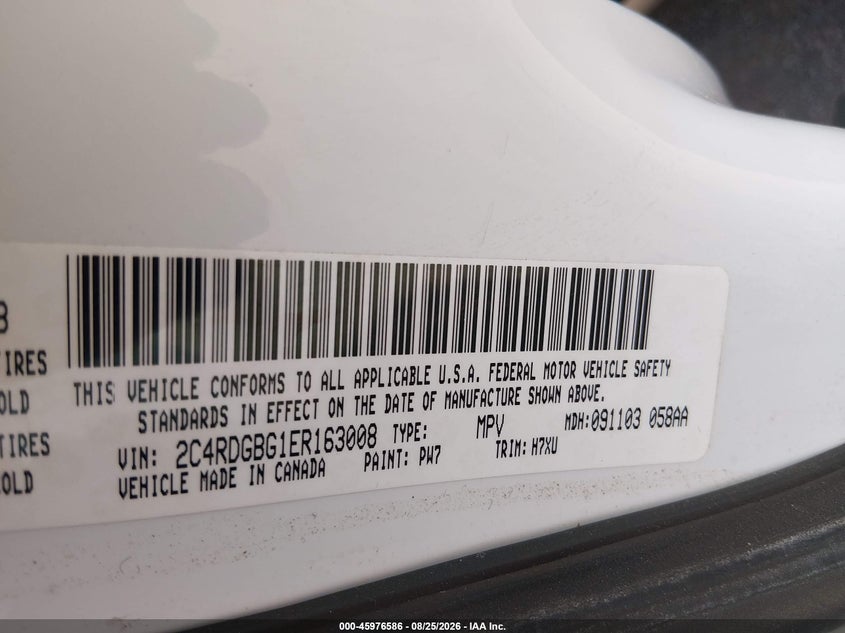 DODGE GRAND CARAVAN 2014 VIN 2C4RDGBG1ER163008