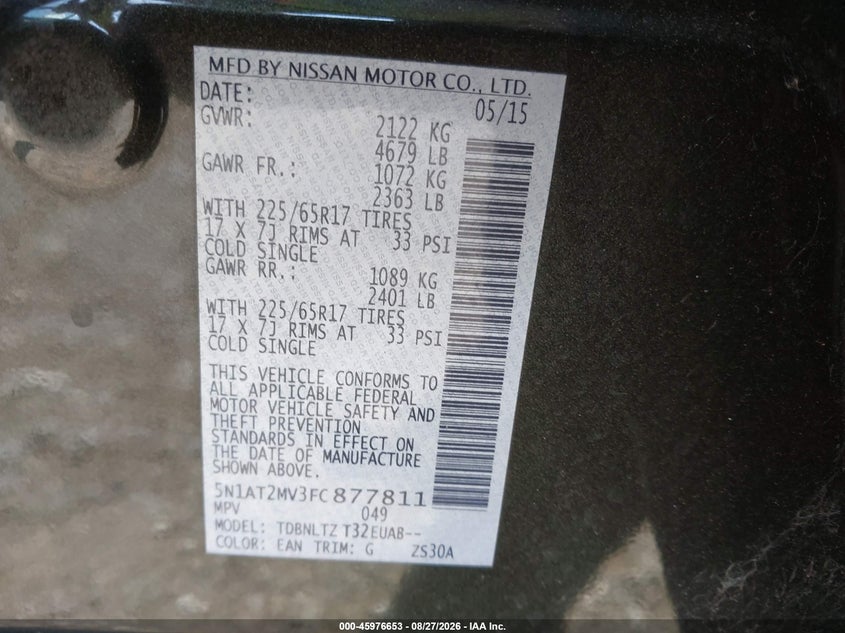NISSAN ROGUE 2015 VIN 5N1AT2MV3FC877811