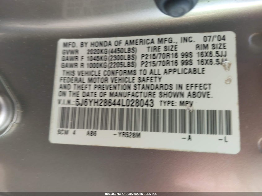 HONDA ELEMENT 2004 VIN 5J6YH28644L028043