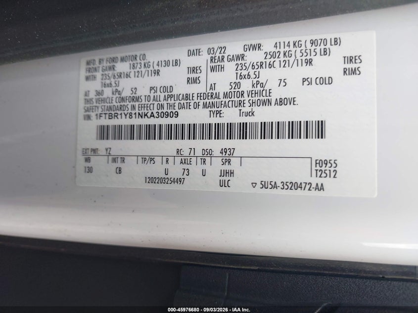 FORD TRANSIT-250 2022 VIN 1FTBR1Y81NKA30909