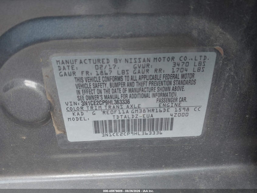 NISSAN VERSA NOTE 2017 VIN 3N1CE2CP9HL363336