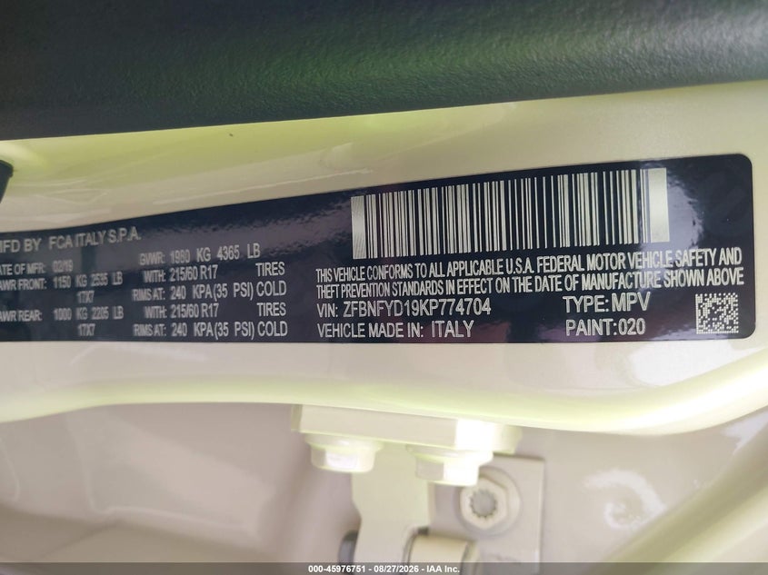 FIAT 500X 2019 VIN ZFBNFYD19KP774704