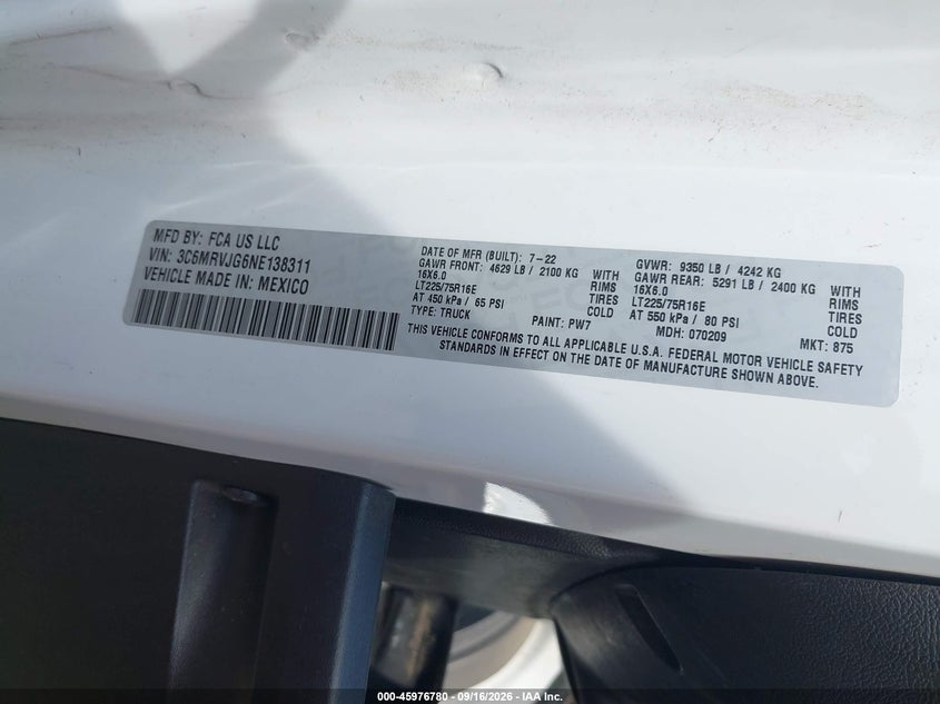 Vin: 3c6mrvjg6ne138311, lot: 46476021, ram promaster 3500 cargo van high roof 159 wb ext 20224