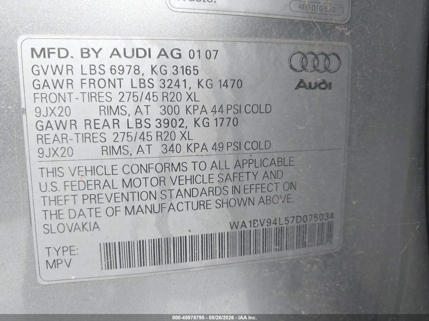 AUDI Q7 2007 VIN WA1BV94L57D075034
