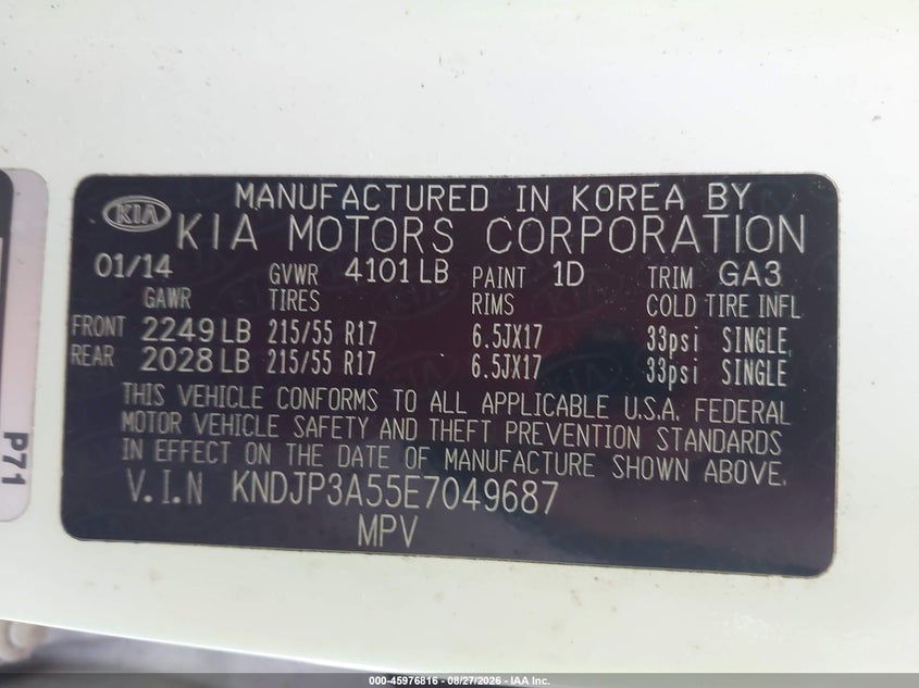 KIA SOUL 2014 VIN KNDJP3A55E7049687
