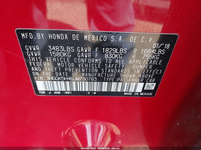 HONDA FIT 2018 VIN 3HGGK5H46JM730783