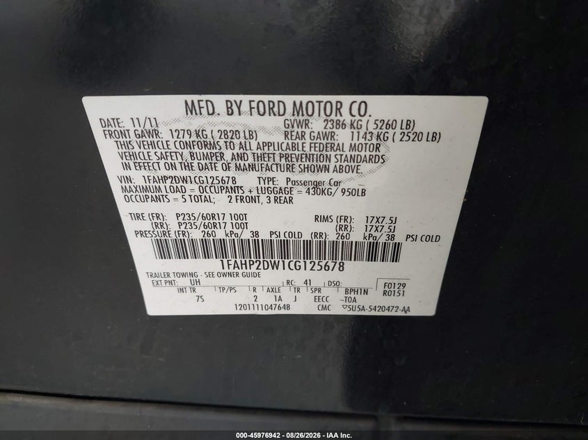2012 FORD TAURUS SEDAN 3.5L V-6 DOHC, VVT, REGULAR , 263HP
