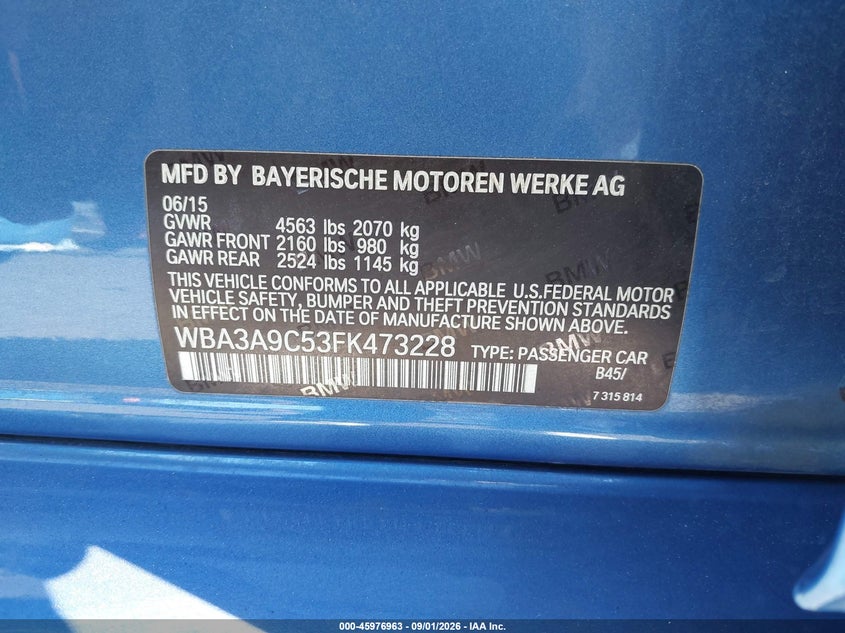 BMW 335I 2015 VIN WBA3A9C53FK473228