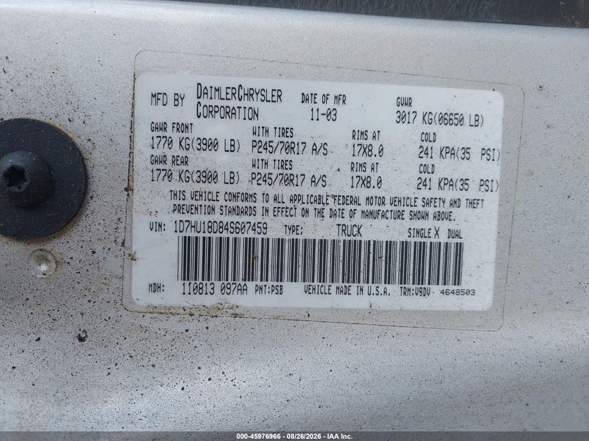 DODGE RAM 1500 2004 VIN 1D7HU18D84S607459