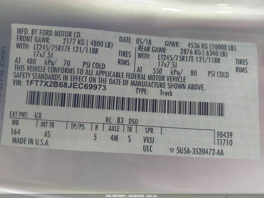 FORD F-250 2018 VIN 1FT7X2B68JEC69973