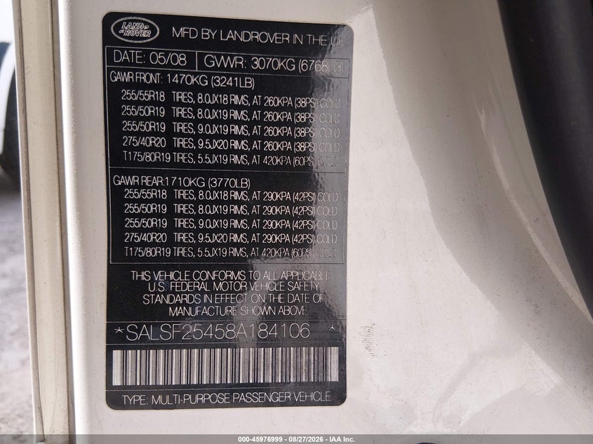 LAND-ROVER RANGE ROVER SPORT 2008 VIN SALSF25458A184106