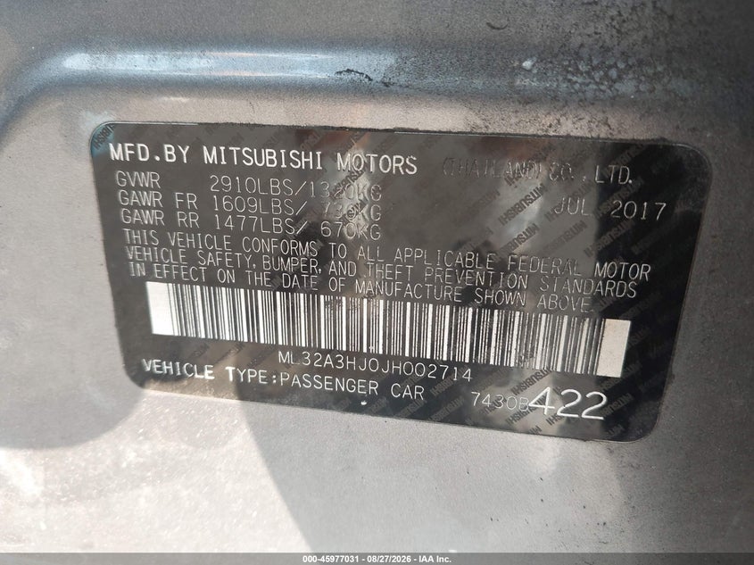 MITSUBISHI MIRAGE 2018 VIN ML32A3HJ0JH002714