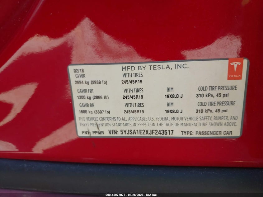 TESLA MODEL S 2018 VIN 5YJSA1E2XJF243517