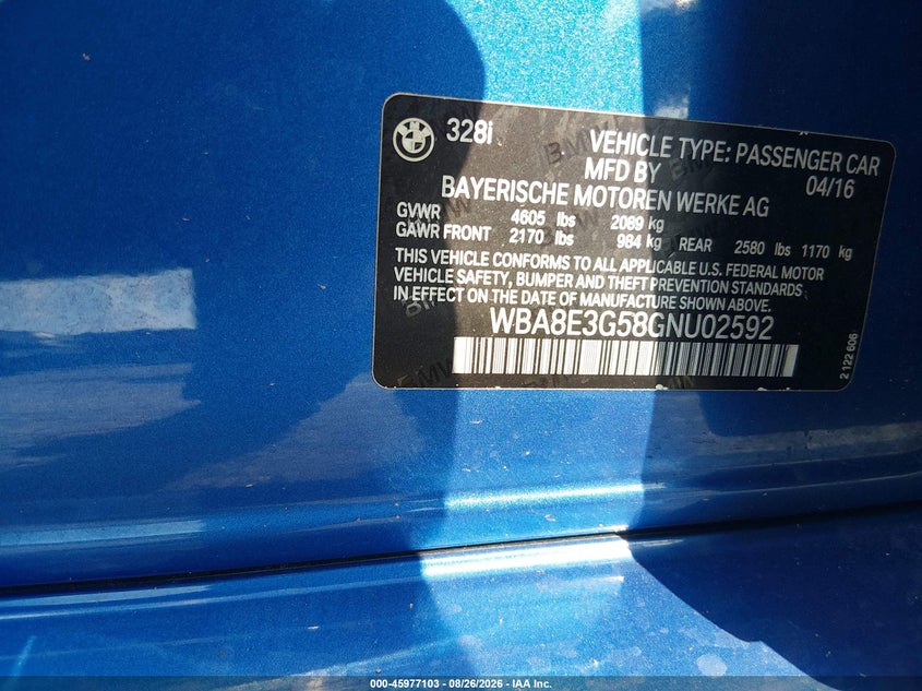 2016 BMW 3ER SEDAN 2.0L I-4 DI, DOHC, VVT, TURBO, PREMIUM , 240HP