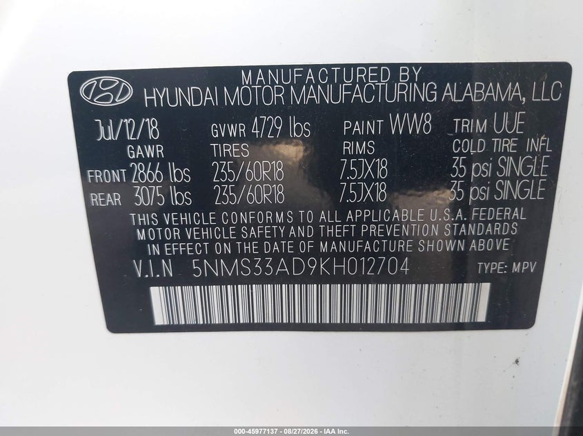 HYUNDAI SANTA FE 2019 VIN 5NMS33AD9KH012704