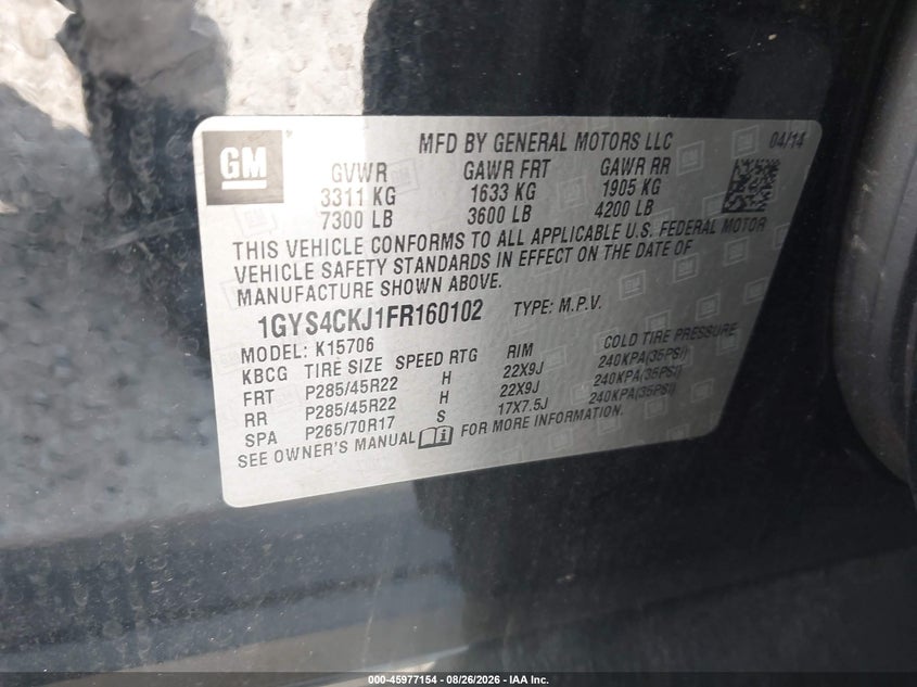 CADILLAC ESCALADE 2015 VIN 1GYS4CKJ1FR160102