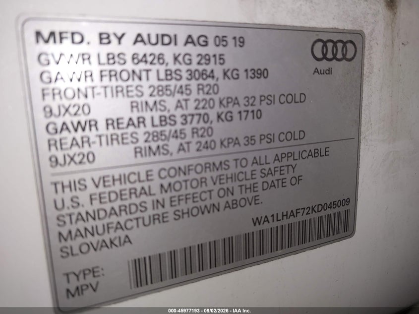AUDI Q7 2019 VIN WA1LHAF72KD045009
