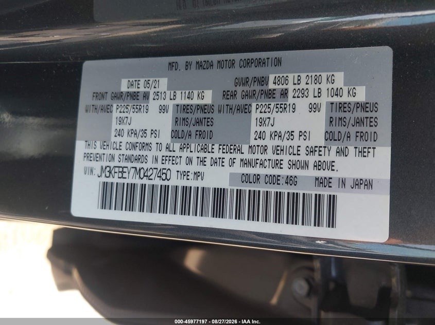 MAZDA CX-5 2021 VIN JM3KFBEY7M0427450