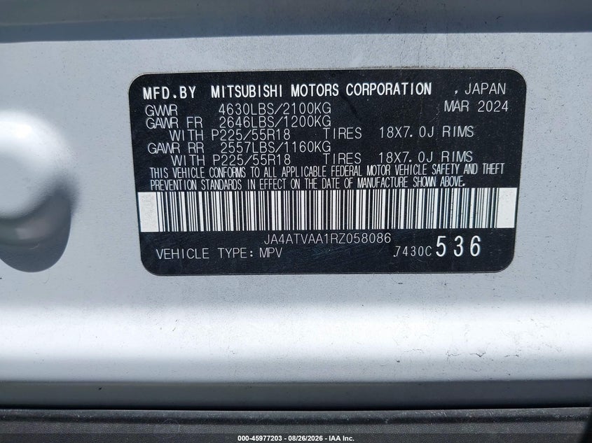 MITSUBISHI ECLIPSE CROSS 2024 VIN JA4ATVAA1RZ058086