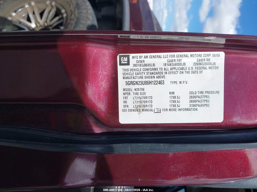 HUMMER H2 SUV 2006 VIN 5GRGN23U86H122463