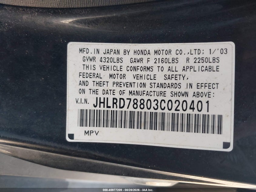 HONDA CR-V 2003 VIN JHLRD78803C020401