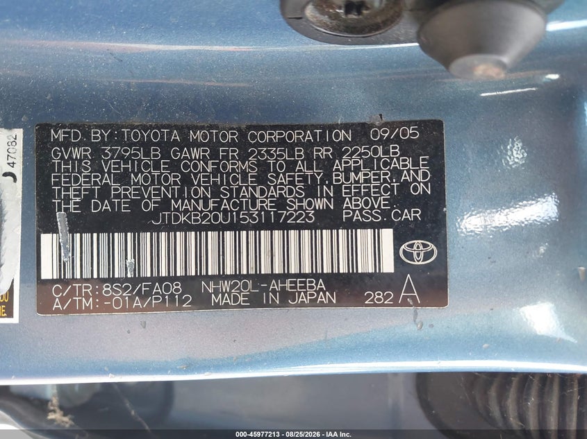 TOYOTA PRIUS 2005 VIN JTDKB20U153117223